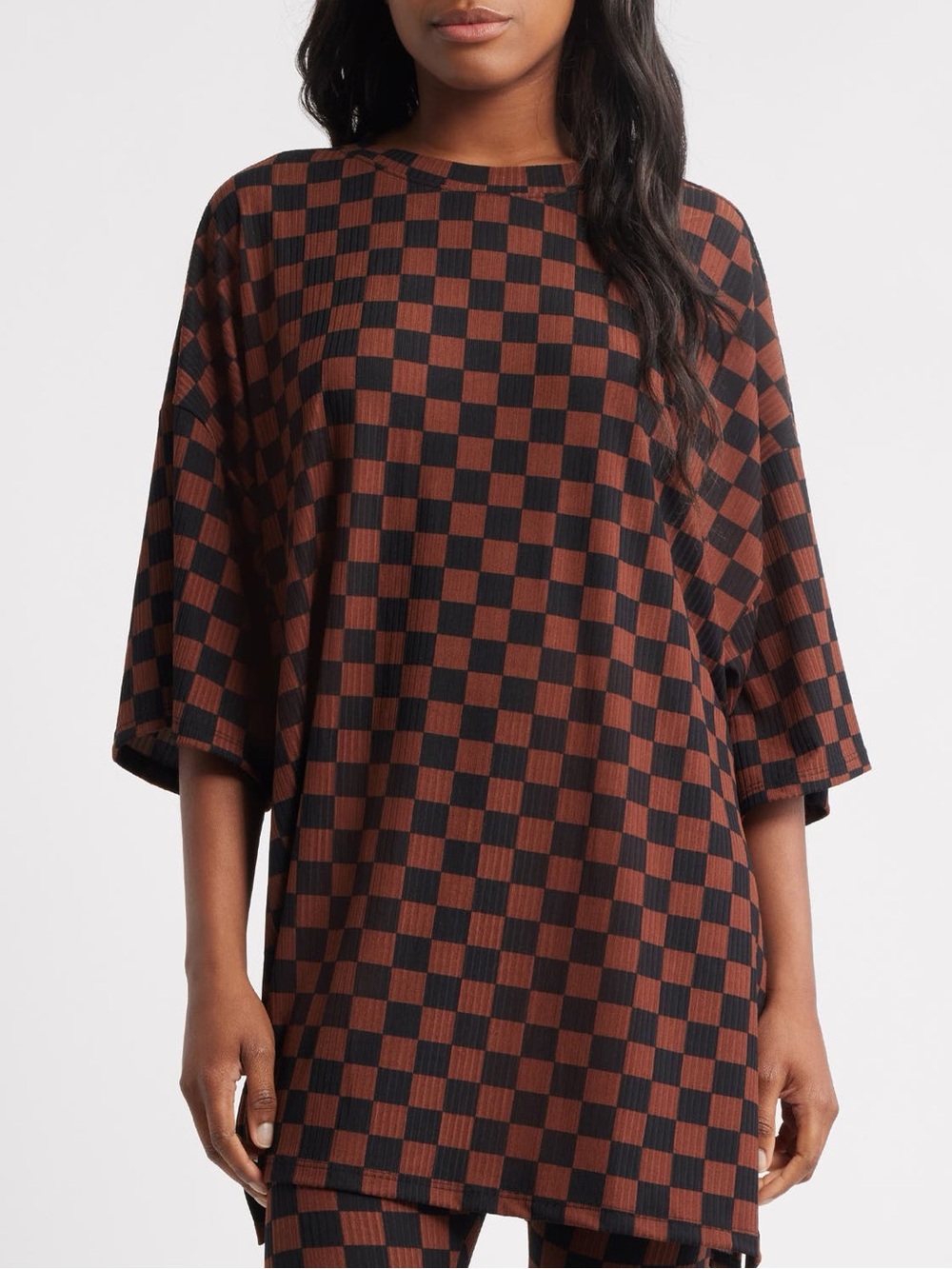 Dressed in LALA Brown and Black Checkerboard Oversized Tee